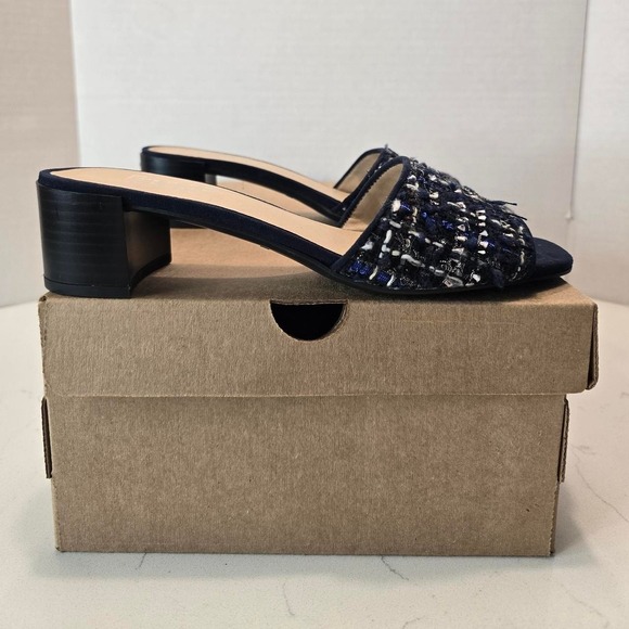 The Unbranded Brand Shoes - Franco Sarto Ramy Blue Tweed Block Heel Slide Sandals Preppy Vacation Chic- 7.5